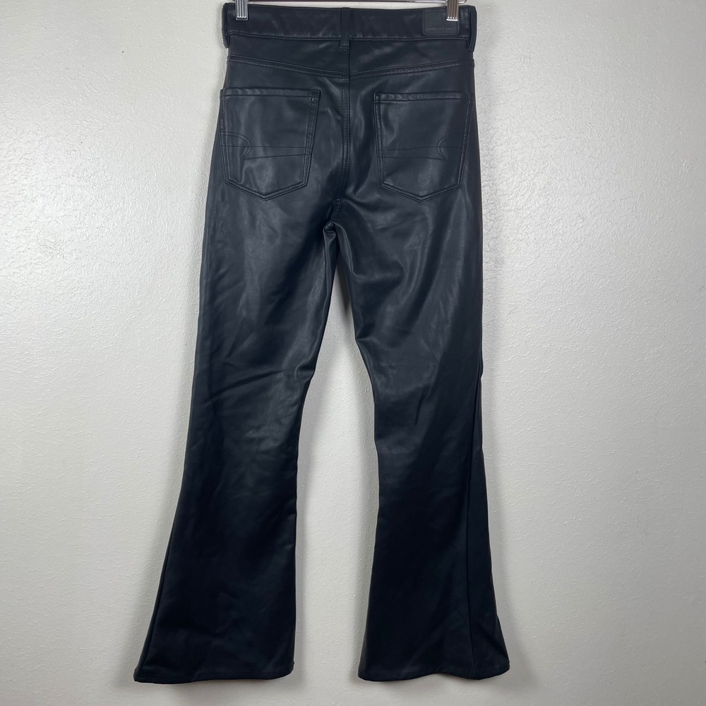 American Eagle Black Faux Leather Super Hi-Rise Flare Pants Womens 6 Regular - Picture 2 of 9